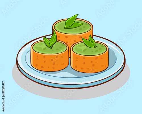 Round savory cakes topped with orange garnish and served on a light blue ceramic circular dinner plate - Vector Illustration