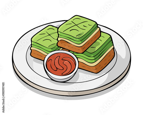 Layered green tea cakes served with savory dipping sauce and fresh garnish on a white circular plate - Vector Illustration