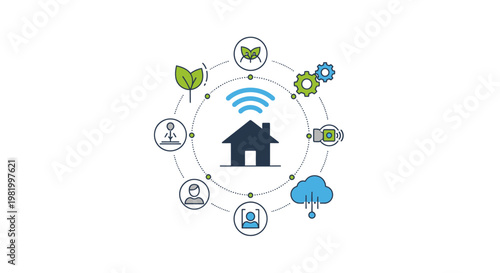 Smart home technology concept with connected devices and wi fi signal