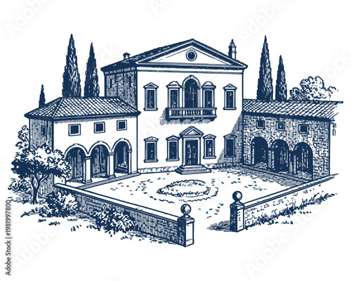 Classic Mediterranean villa with courtyard vintage etching illustration