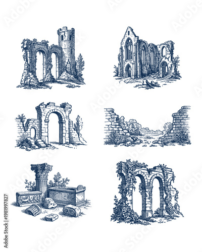 Set of ancient architectural ruins and stone archways vintage engraving