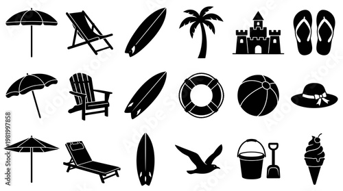 Summer Beach Vacation Icons Set - Black Silhouette Glyphs for Travel  Holiday