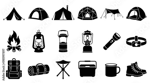 Camping Outdoor Adventure Gear Equipment Glyph Icons Set - Solid Black Silhouettes