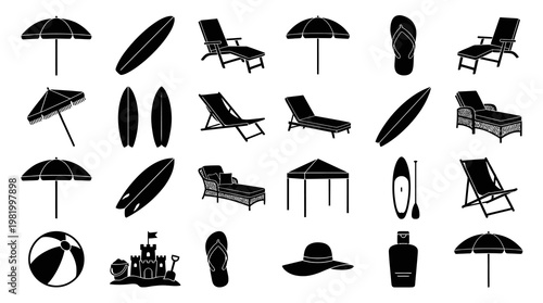 Beach Summer Holiday Black Glyph Icons Set - Travel Vacation Leisure Elements