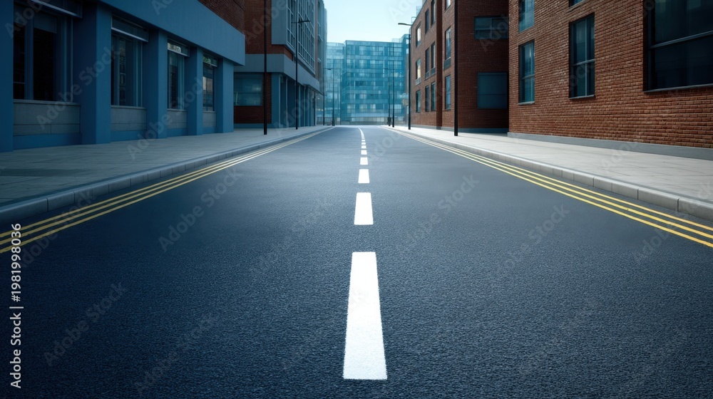 Obraz premium Serene Urban Street Scene with Freshly Paved Road, Lined with Buildings and Empty Sidewalks Under Bright Sky