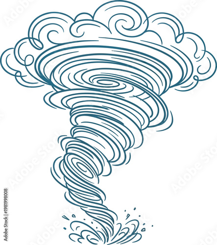 Stylized tornado vector with swirling funnel and cloud curves, showing atmospheric energy and motion, ideal for weather, science, and educational design projects.