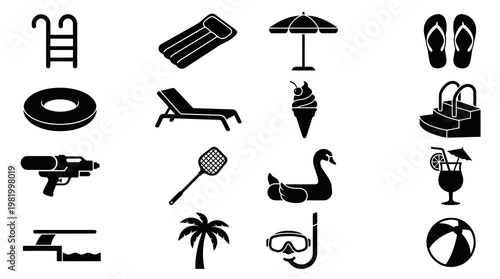 Summer Vacation Icons: Pool, Beach, and Travel - Black and White Glyphs