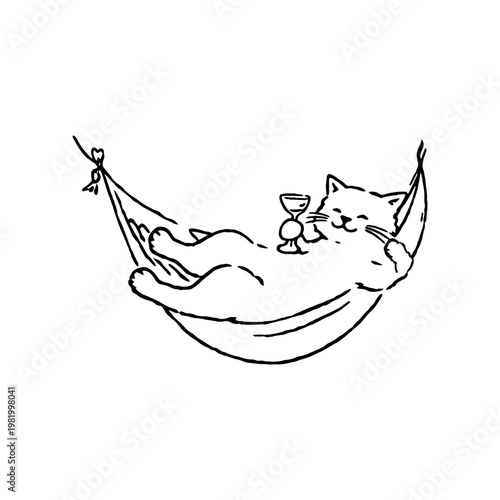 Funny cat relaxing in hammock with drink line art illustration
