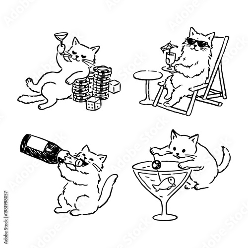 Rich and chill party cats drinking and sunbathing vector set