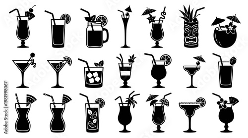 Cocktail Drinks Black  White Silhouette Icons Set for Bar  Beverage Industry