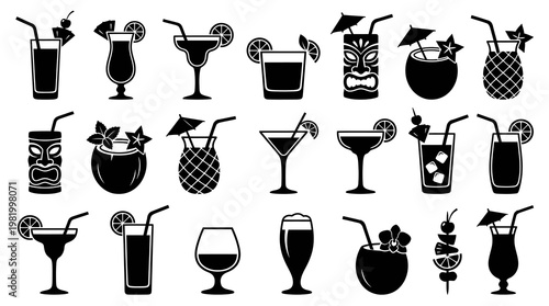 Cocktails Drinks Beverages Solid Glyph Icons Set - Summer Party  Bar Menu