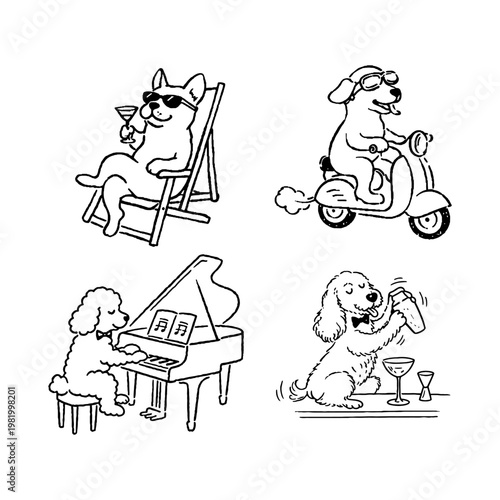 Funny dogs lifestyle set with piano player and scooter rider line art