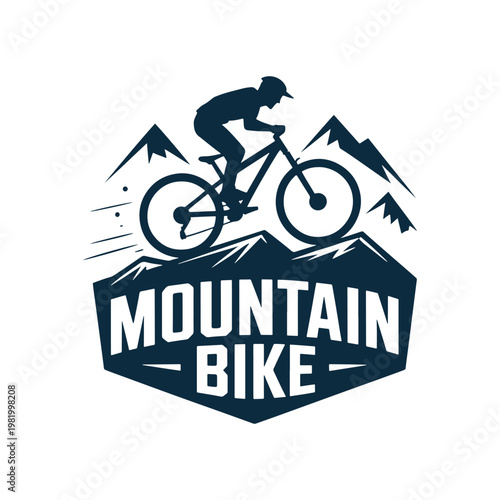 Mountain biker conquering rugged peaks in stylized logo design