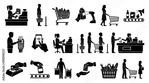 Black and White Glyph Icons of Grocery Shopping and Payment