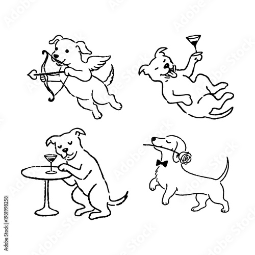 Romantic dogs set with cupid puppy and dachshund with rose