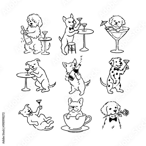 Huge collection of funny party dogs characters doodle line art