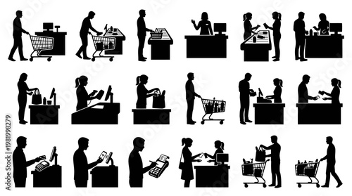 Black  White Silhouettes of People at Supermarket Checkout  Shopping