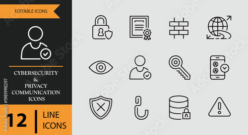 Cybersecurity and privacy communication icons in line style
