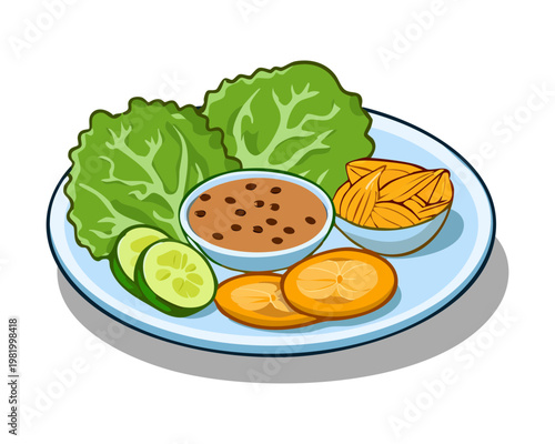 Delicious indonesian gado gado with crackers boiled vegetables and rich nutty sauce on ceramic plate - Vector Illustration
