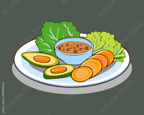 Healthy raw vegetable platter featuring avocado lettuce and dipping sauce for nutritious vegan lifestyle snack - Vector Illustration