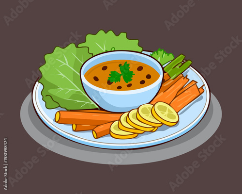Gourmet soup appetizer with carrot sticks and fresh garnish served on elegant modern dark plate - Vector Illustration
