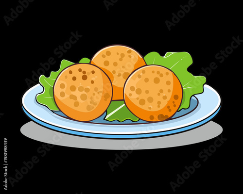 Three pieces of deep fried nuggets with crunchy texture served on dark elegant dinner plate - Vector Illustration