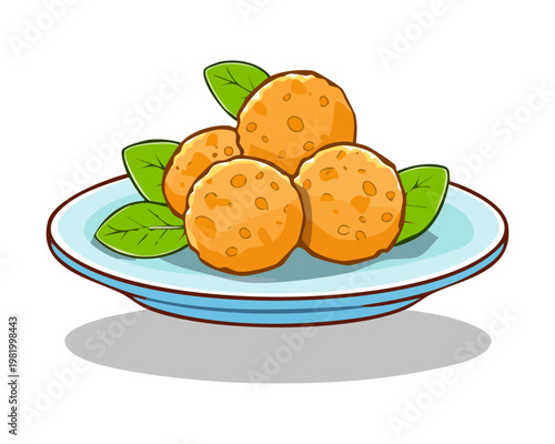 Golden fried crispy meatballs served on white plate for delicious savory snack or appetizer - Vector Illustration