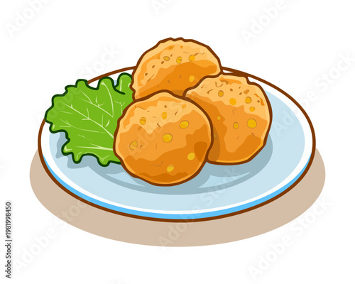 Savory fried croquettes with lettuce garnish on decorative plate for tasty party snack and appetizer - Vector Illustration