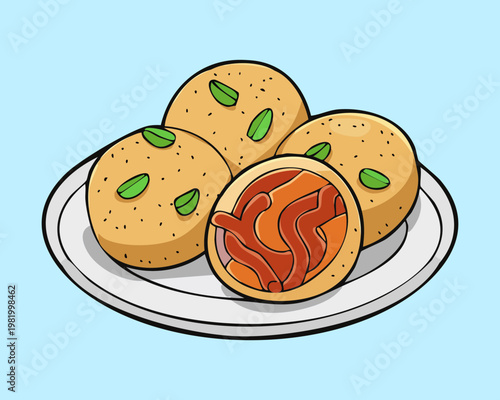 Steamed buns filled with savory meat served on blue plate for traditional asian dim sum - Vector Illustration