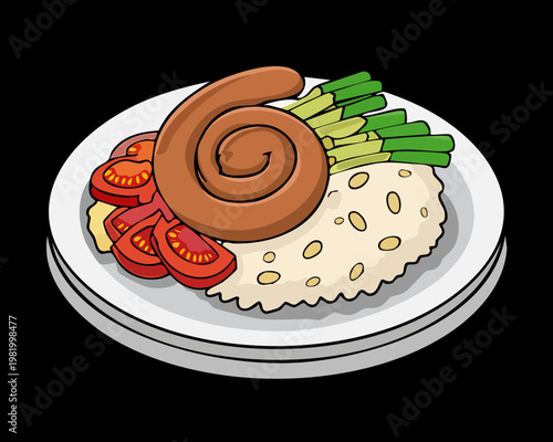Traditional grilled sausage with rice and tomato slices on black plate for hearty breakfast - Vector Illustration