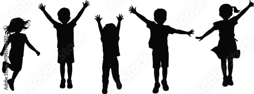 Silhouettes of happy children jumping and playing together, expressing joy, freedom, and energy, isolated on white background, representing childhood fun, activity, and carefree lifestyle