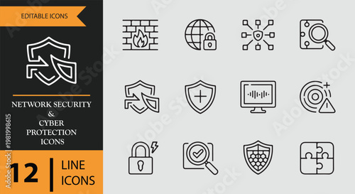 Network security and cyber protection line icons set for digital use