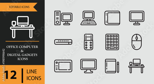 Office computer and digital gadgets icons in line style on gray background