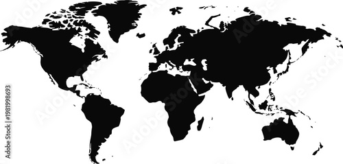 World map silhouette vector illustration showing global continents, geography, international boundaries, earth representation, and worldwide navigation concept