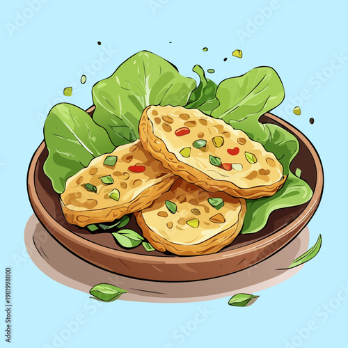 Crispy potato cakes or fritters with green garnish on wooden dining plate - Vector Illustration