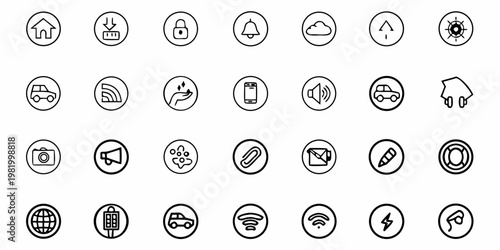 A set of modern line art icons representing various digital and communication concepts