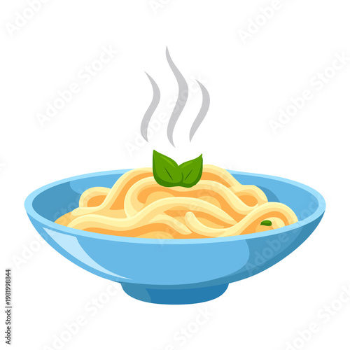 Simple creamy pasta dish with herb garnish in light blue bowl - Vector Illustration