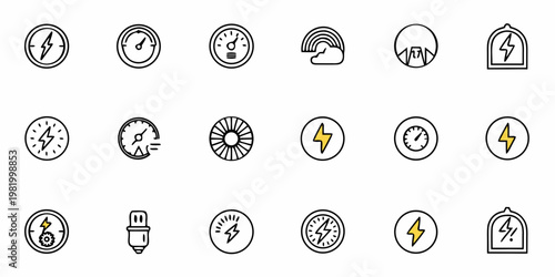 A set of modern flat icons representing various electricity and weather symbols