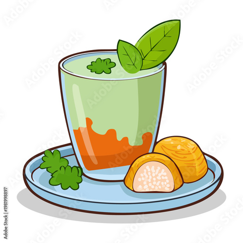 Vibrant green vegetable juice or smoothie with citrus garnish on plate - Vector Illustration