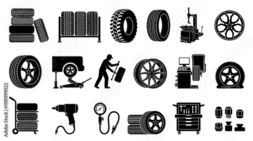 Automotive Tire Service Icons - Black and White Vector Graphics