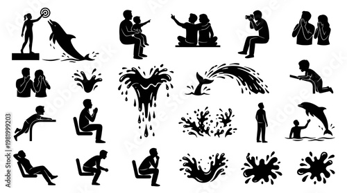 Black  White Silhouette Icons: Dolphin Show, People, Water Splashes