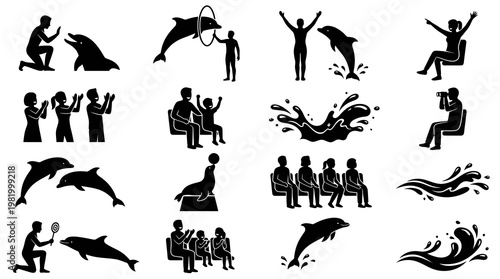 Dolphin Show Performance Icons Set, Entertainment Industry, Black and White Glyphs