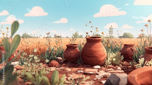 Several earthenware jars rest on a rocky patch bordering a sunlit golden grain field under a bright blue sky.