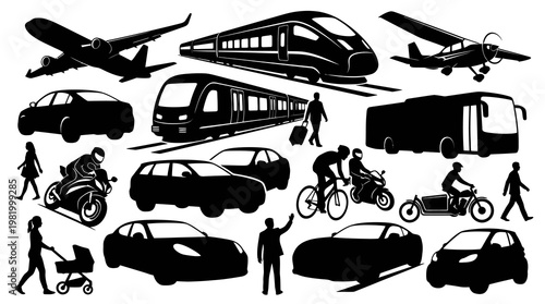 Transportation and Travel: Diverse Vehicles  People Silhouettes Black  White Vector Graphic