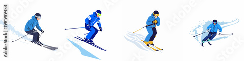 Set of four minimalist illustrations showing male skiers in blue suits performing dynamic downhill turns and maneuvers on snow against a white background.