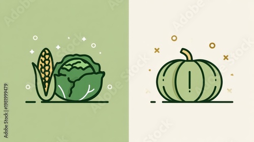 Simple, stylized illustrations of harvest vegetables are displayed on contrasting background panels