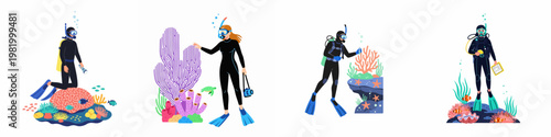 Set of vector illustrations featuring scuba divers exploring vibrant coral reefs and diverse marine life underwater.