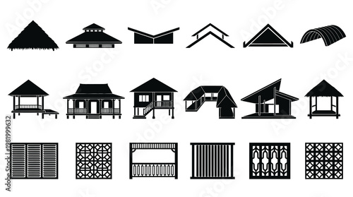 Traditional Southeast Asian House and Roof Silhouette Icons Set for Architecture Design