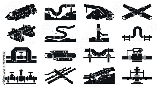 Plumbing Pipeline System Icons Set Black White Vector Illustration