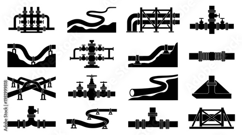 Industrial pipe and valve systems, pipeline infrastructure glyph icons